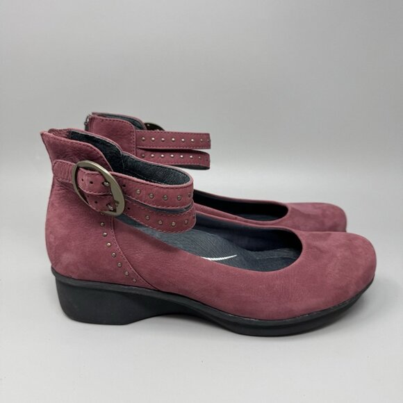 Dansko Lois Burgundy Nubuck Studded Buckle Ankle Strap Wedges Size 8.5 - Picture 1 of 9